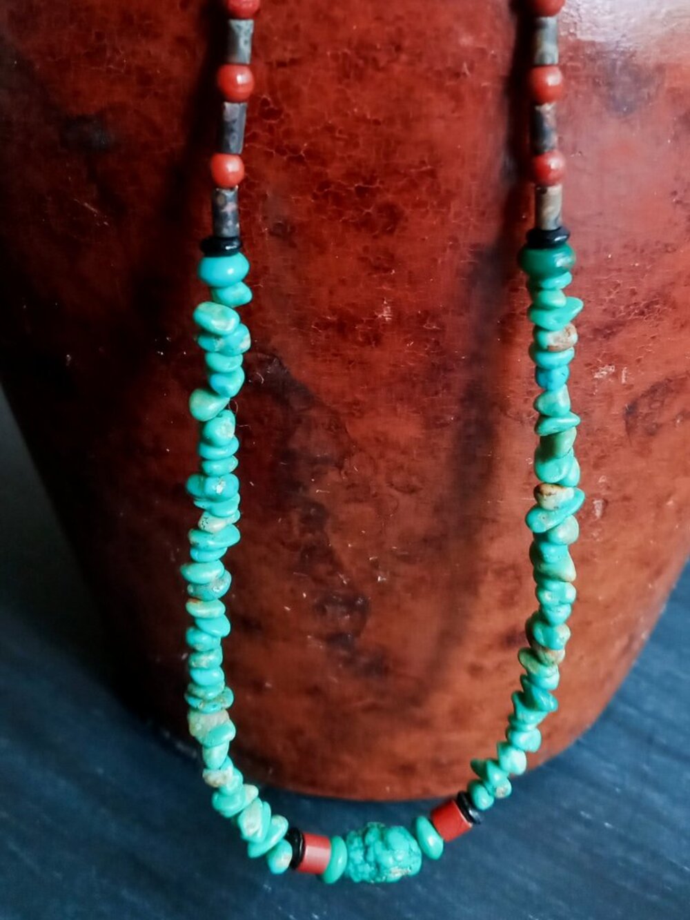 Genuine Southwestern Native American Turquoise & Red Coral Bead Necklace - Picture 7 of 14